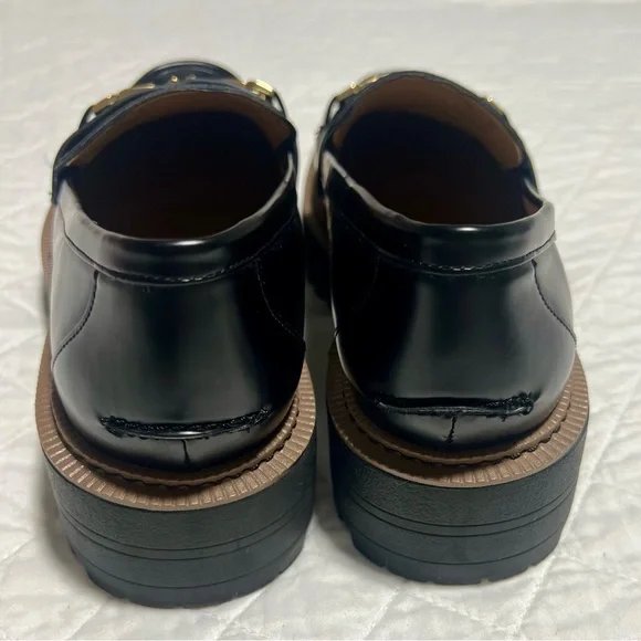 Sam Edelman Black Patent Laurs Lug Sole Loafers Gold Bit Buckle Platform - Picture 5 of 8